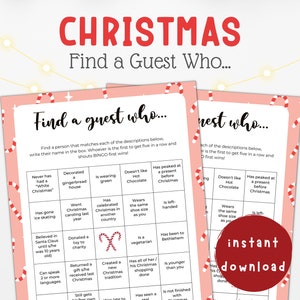 Peut inclure: Une carte de jeu de Noël imprimable rose et blanche avec le texte "Trouvez un invité qui..." et une liste d'invites sur le thème de Noël. La carte est décorée de motifs de cannes en sucre.