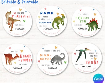 Tarjetas de San Valentín de dinosaurios / San Valentín en el aula / Etiquetas de regalo de dinosaurios imprimibles / San Valentín preescolar