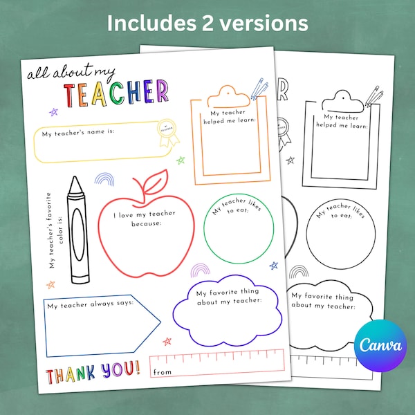 Teacher Appreciation Week All About My Teacher Questionnaire | Printable Teacher Appreciation Gift | Teacher Thank You Gift