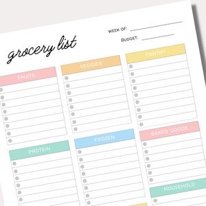 May include: A printable grocery list with sections for fruits, veggies, protein, frozen items, pantry, baked goods, and household items. The list has a heading that says "grocery list" in cursive script.