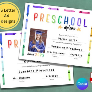 Druckbare Vorschule Abschlussdiplom | Vorschulzertifikat bearbeitbar | Abschlussdiplom Vorlage mit Foto | Kindertagesstätte Pre-k Grad