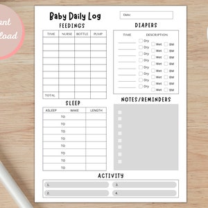 Printable Baby Daily Care Log | Neugeborenen Tracker | Still-Tracker | Tagebuch | Baby Täglicher Tracker | Stillbuch | Baby Schlaf Log