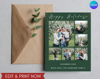 May include: A green holiday card with gold glitter accents. The card features a family photo collage with the text "Happy Holidays" and "December 2022". The bottom of the card reads "With love, The Harrison Family".