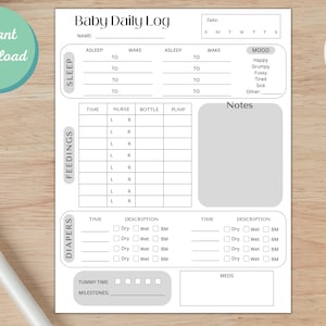 Druckbares Baby&#39;s Daily Log | Neugeborenen Tracker | Still-Tracker | Pumping Log | Tagebuch | Fütterbuch | Schlafbuch