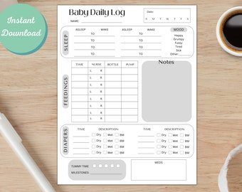 Puede incluir: Un diario diario para bebés imprimible con secciones para dormir, alimentación, pañales, tiempo boca abajo, hitos y medicamentos. El diario incluye espacio para registrar horas, notas y casillas de verificación para seco, mojado y deposiciones.