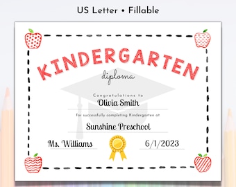 May include: A printable kindergarten diploma certificate with a red and white apple design, a graduation cap, and the text "KINDERGARTEN diploma Congratulations to Olivia Smith for successfully completing Kindergarten at Sunshine Preschool Ms. Williams 6/1/2023"