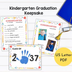 Souvenir de l'obtention du diplôme de maternelle | Livre de souvenirs pour l'école | Graduation de la maternelle, promotion de 2037, empreinte de main | Questionnaire sur le dernier jour d'école