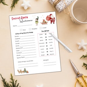 Peut inclure: Un questionnaire imprimable pour le Secret Santa sur le th&egrave;me de No&euml;l. Le questionnaire comprend des sections pour les informations personnelles, les choses pr&eacute;f&eacute;r&eacute;es et une section "Ceci ou Cela" avec des choix comme caf&eacute; ou th&eacute;, sal&eacute; ou sucr&eacute;, et livres ou films.