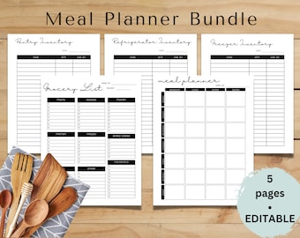 Planificador de comidas semanal imprimible / Plantilla de planificador de comidas / Lista de compras / Inventario de despensa / Inventario de refrigerador / Inventario de congelador