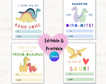 Printable Dinosaur Valentine Day Cards | Classroom Valentines | Dinosaur Valentine Gift Tags | Preschool Valentines