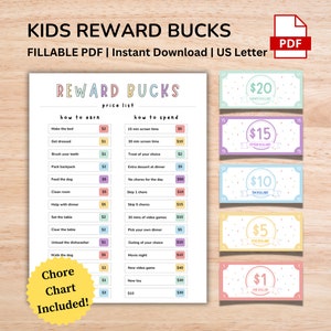 May include: A printable chart for kids to earn reward bucks for completing chores. The chart includes a list of chores and the corresponding reward amount in dollars. The chart also includes a list of ways to spend the reward bucks, such as screen time, treats, and outings. The chart is designed to be printed on US Letter size paper.