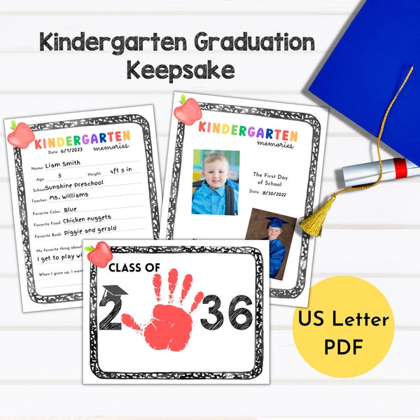 Kindergarten Graduation Keepsake | School Memory Book | Kindergarten Graduation Class of 2036 Handprint | Last Day of School Questionnaire