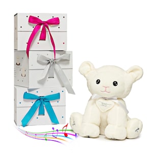 May include: A white plush lamb toy with a pink nose and a heart-shaped tag that says "Grow with Love". The lamb is sitting on a white box with blue polka dots and a blue ribbon. There are two other white boxes with pink and silver ribbons stacked on top.