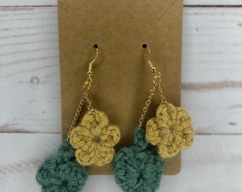 Crocheted Flower and Leaf Earrings