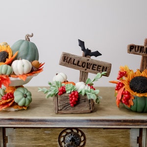 Miniature pumpkins compositions, Halloween decoration, Dollhouse miniature 1/6 scale