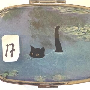 May include: A silver-toned pill box with a whimsical design. The artwork depicts a black cat in water, with only its head and tail visible. A white sticker with the number 17 is on the left side of the box.