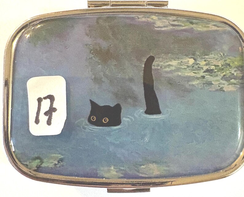 May include: A silver-toned pill box with a whimsical design. The artwork depicts a black cat in water, with only its head and tail visible. A white sticker with the number 17 is on the left side of the box.