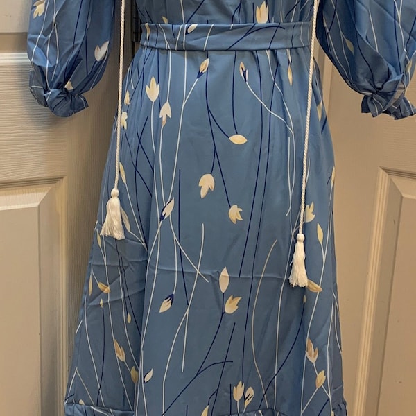 Flower power! Blue Floral maxi midi dress with tassel neckline and matching belt! It's very flattering to figure. See Other patterns listed.