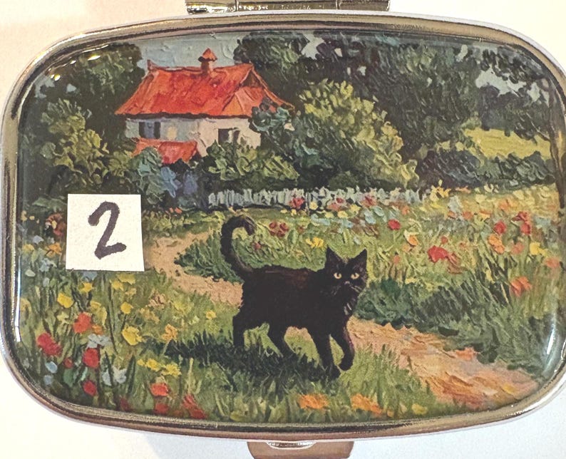 May include: A rectangular, silver-toned pill box with a painted landscape scene. The scene depicts a black cat walking on a path in a field of flowers, with a house and red roof in the background. The number "2" is on a white square.