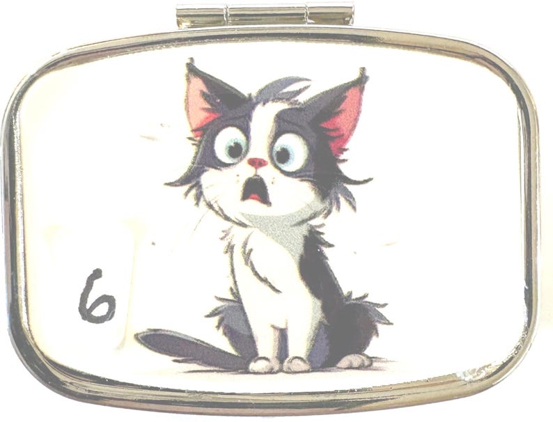 May include: A silver-toned pill box with a hinged lid. The box features a cartoon illustration of a surprised black and white cat with large blue eyes and pink ears. The number "6" is printed in black on the left side of the box.