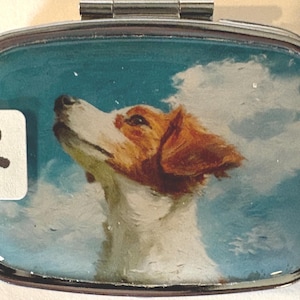 Puede incluir: Un pastillero peque&ntilde;o, rectangular, plateado con tapa abisagrada. La caja presenta una imagen pintada de un perro mirando hacia un cielo azul con nubes blancas. Una pegatina blanca con el n&uacute;mero "2" est&aacute; en el lado izquierdo.