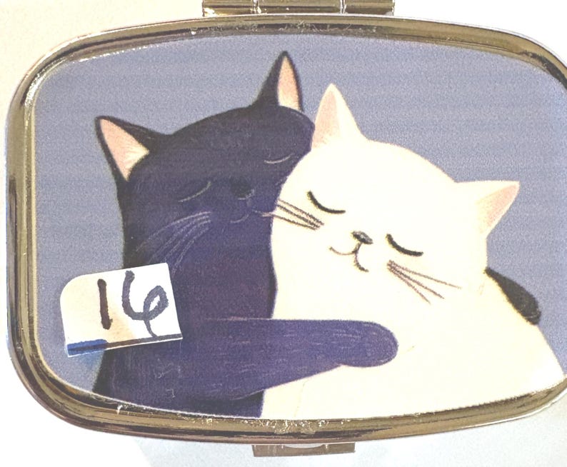 May include: A silver-toned pill box with a blue background featuring a black cat hugging a white cat. The cats are depicted with closed eyes, suggesting affection. A sticker with the number "16" is on the lower left corner.
