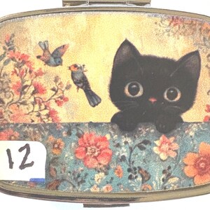 May include: A metal pill box with a whimsical design. The lid features a black cat with large eyes, perched above a floral border. Two birds fly near a floral arrangement. The number "12" is on a white sticker in the corner.
