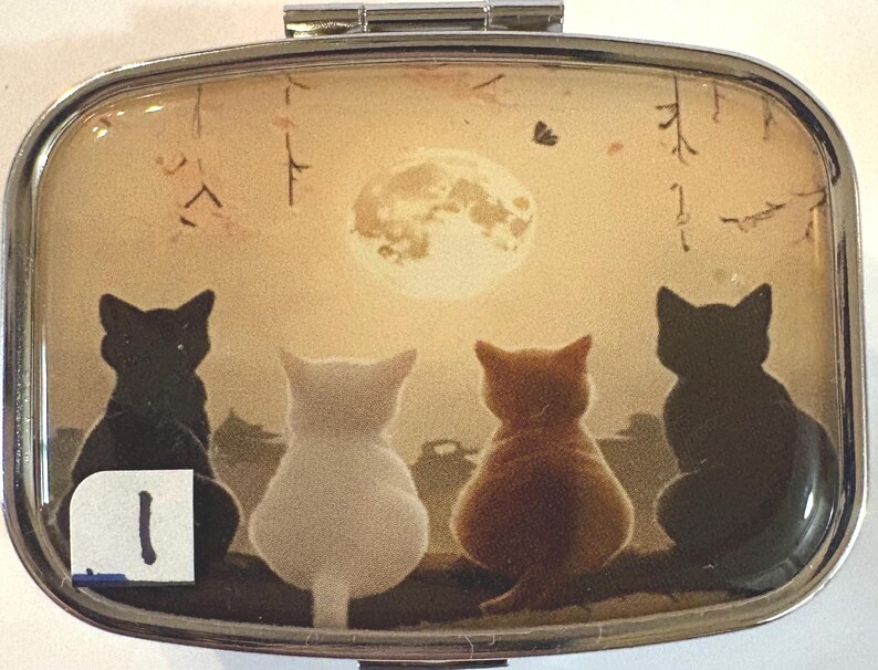 May include: A silver pill box with a rectangular shape. The lid features a serene scene of four cats silhouetted against a full moon. The cats are in various colors, including black, white, and orange.