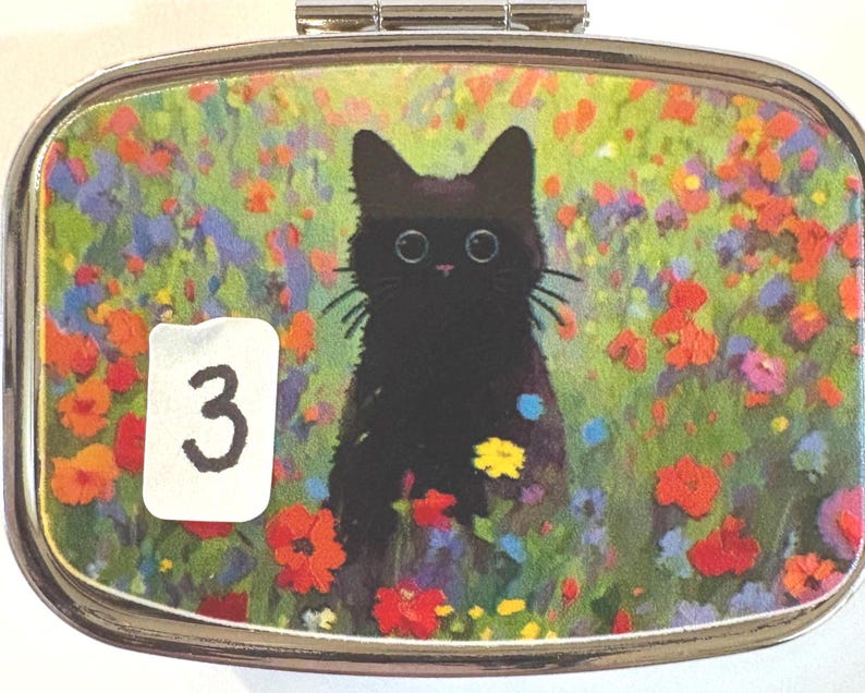 May include: A silver-toned, rectangular compact mirror with a hinged lid. The artwork features a black cat with large eyes in a field of colorful flowers. A white sticker with the number "3" is on the left.