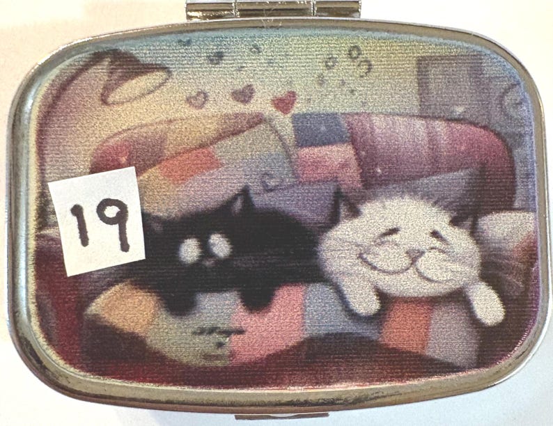 May include: A silver metal pill box with a colorful illustration of two cats lounging on a couch. A black cat and a white cat are shown. The number "19" is on a white sticker in the corner.