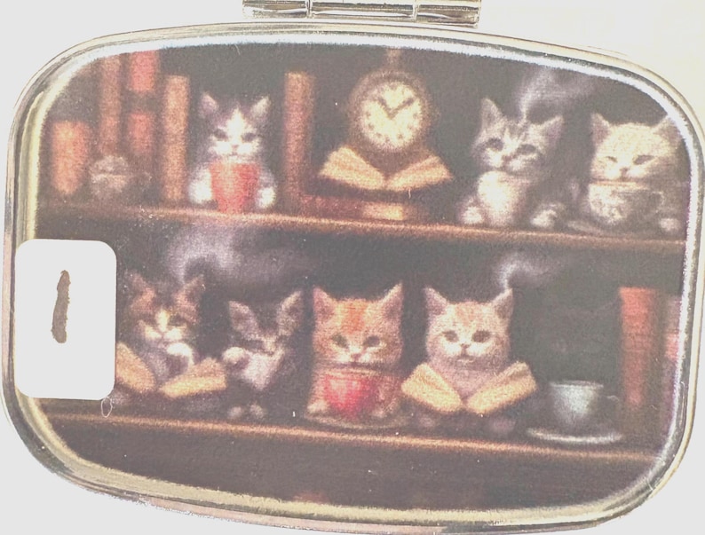 Puede incluir: Un peque&ntilde;o pastillero rectangular con un dise&ntilde;o caprichoso de gatitos en una biblioteca. La imagen muestra varios gatitos leyendo libros, bebiendo de tazas y un reloj. La paleta de colores incluye marrones c&aacute;lidos y blancos suaves.
