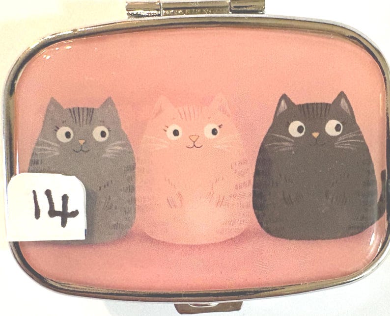 May include: A rectangular, silver-framed pill box with a pink background. The box features three cartoon cats in gray, pink, and black. A white sticker with the number 14 is on the left side of the box.