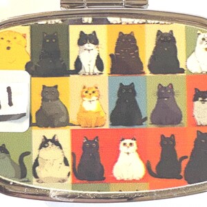 May include: A silver-toned, oval-shaped pill case with a colorful cat-themed design. The case features a grid of various cat illustrations in different colors and poses. A white sticker with the number "11" is on the left side.