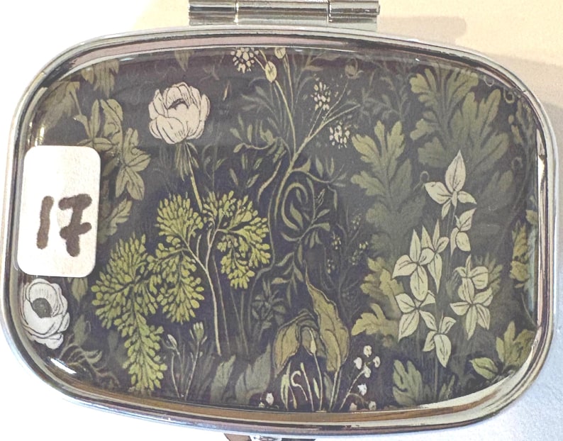 Puede incluir: Un pastillero rectangular plateado con un dise&ntilde;o floral. El interior presenta un fondo oscuro con un patr&oacute;n de flores y follaje verdes y crema. Una pegatina blanca con el n&uacute;mero "17" es visible.