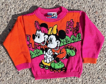 Vtg 1990s Minnie and Mickey Mouse Rollerblading Mickey’s Stuff for Kids Jet Set Disney Knit Sweater Youth Size (M / 3T ) / Made in USA