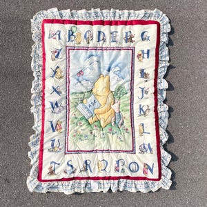 Vtg 1999 Classic Pooh ABC Piglet Tigger Eeyore Disney Red Calliope Ruffle  Crib Comforter Blanket Baby Nursery Baby Shower Vtg Bedding - Main Image