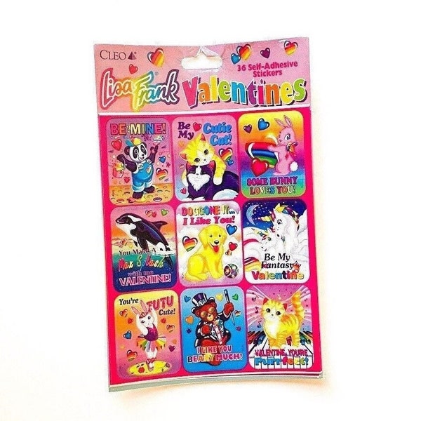 Vtg 1990s Lisa Frank Sealed Unopened Valentines Stickers 1 Package 4 Sheets Of 9 / Made In USA / Casey / Markie / Painter Bear / Max Splash