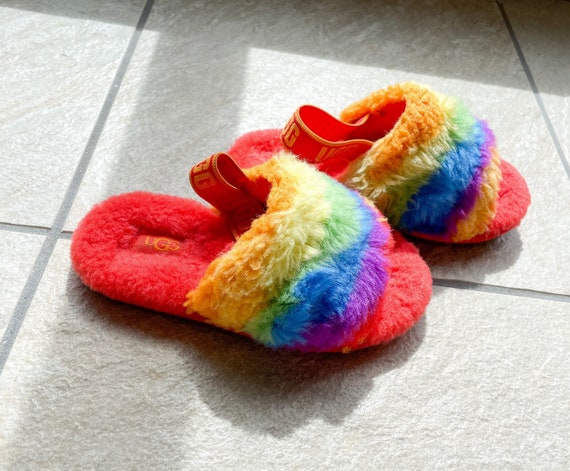 Kids Rainbow Fluffy Ugg Slippers Ugg Fluff Yeah Rainbow Slide