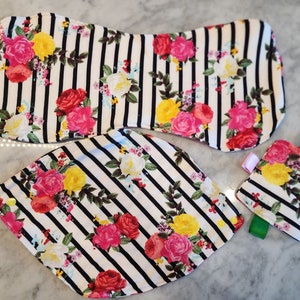 Infinity scarf bib set - Bright white and black stripes with roses