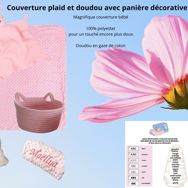 Ensemble plaid, doudou et panière décorative rose