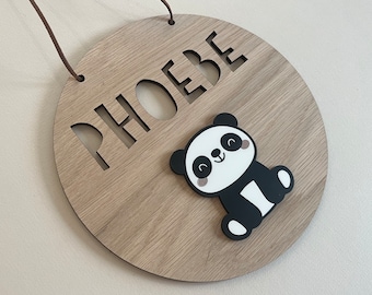 Personalized Panda Nursery Sign: 3D Oak Veneer Door Decor