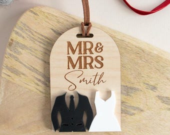 First Christmas Married Hanging Bauble: Mr and Mrs Christmas Ornament