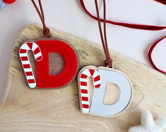Candy Cane Christmas Hanging Ornament: Personalised Initial Christmas Bauble