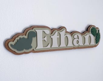Personalized Dinosaur Name Sign: Acrylic & Walnut Wood Kids Decor