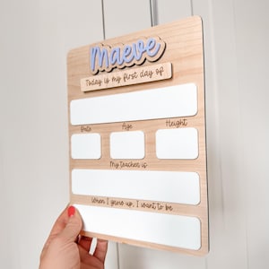 Op de afbeelding: Een houten schoolbord met de naam "Maeve" in lichtblauw. Het bord heeft vakken voor datum, leeftijd, lengte, leerkracht en ambities. De tekst luidt "Vandaag is mijn eerste schooldag" en "Als ik groot ben, wil ik zijn."