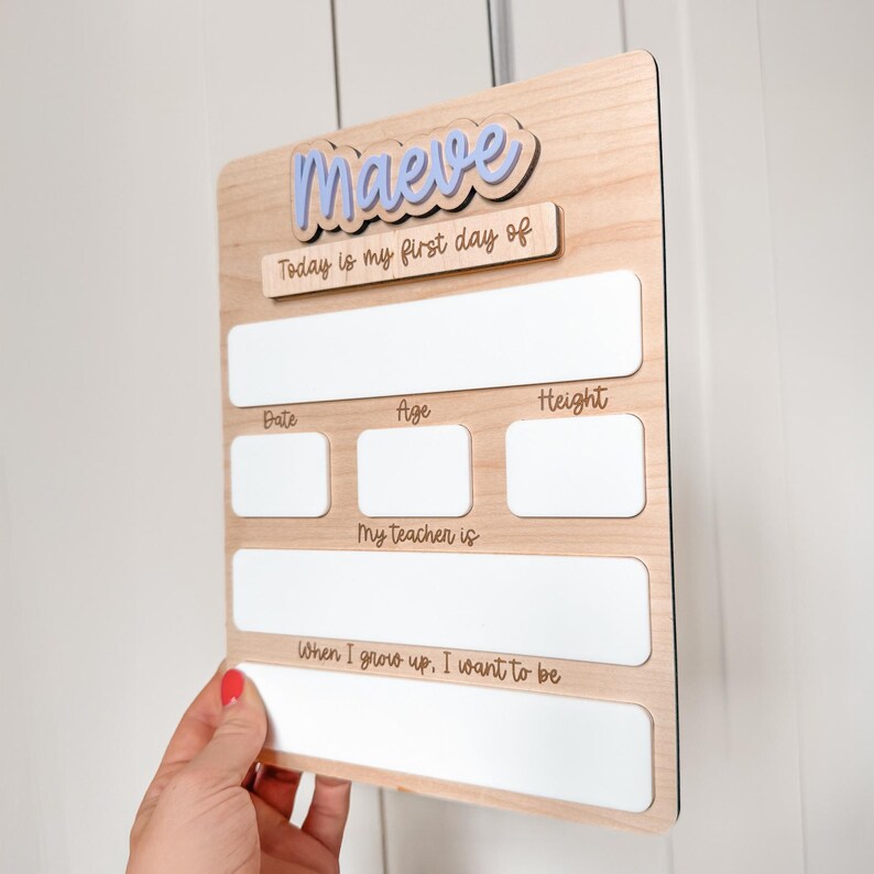 Op de afbeelding: Een houten schoolbord met de naam "Maeve" in lichtblauw. Het bord heeft vakken voor datum, leeftijd, lengte, leerkracht en ambities. De tekst luidt "Vandaag is mijn eerste schooldag" en "Als ik groot ben, wil ik zijn."