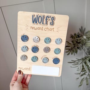 May include: Wooden reward chart with the name "WOLF'S" in blue letters. The chart features smiley face magnets in various shades of blue and silver glitter. The text "reward chart" is below the name, and a blank space for a reward.