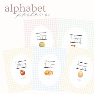 May include: Alphabet posters with pastel gingham backgrounds. Each poster features a letter of the alphabet in a dotted line font, with a corresponding image: apple, ball, cat, dog, and egg. The word for each image is written below.