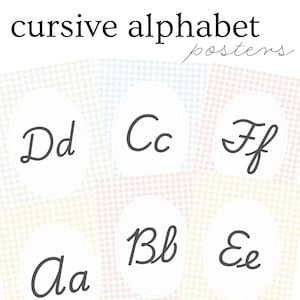 May include: A set of cursive alphabet posters featuring the letters Aa, Bb, Cc, Dd, Ee, and Ff. Each letter is displayed in dark grey cursive script within a white oval on a background of soft pastel-coloured gingham patterns in yellow, pink, and blue.