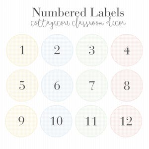 May include: A set of twelve circular labels arranged in three rows of four, featuring the text Numbered Labels cottagecore classroom decor. Each label displays a number from 1 to 12 in a dark gray serif font against a soft gingham background.
